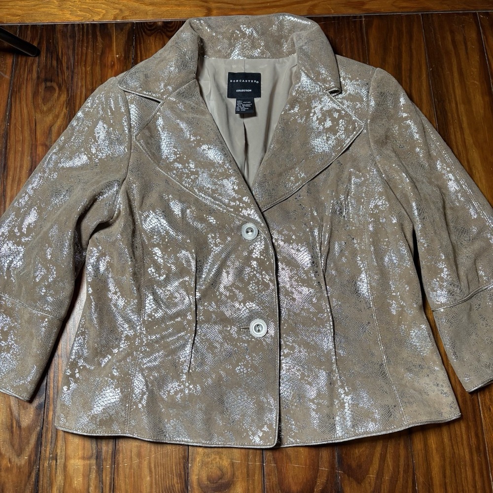 Doncaster Collection Leather Silver Foil Snakeskin Reptile Blazer Jacket 8 A1038